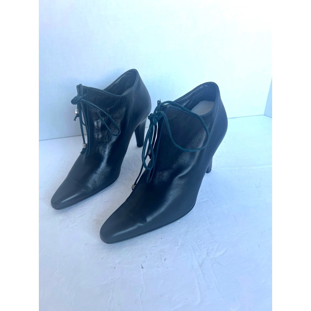 Authentic Loewe Black Leather Side Zip Almond Toe High Heel Blue Tie Booties 5